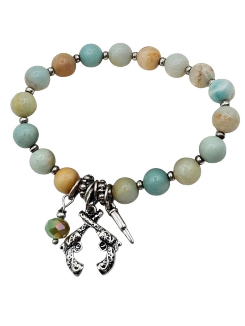 Semi Precious Crossed Pistols & Bullet Beaded Stretch Bracelet